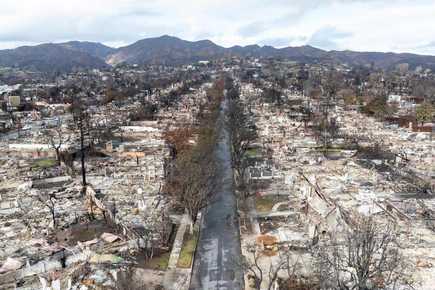 Aerial view of a residential neighborhood destroyed by wildfire